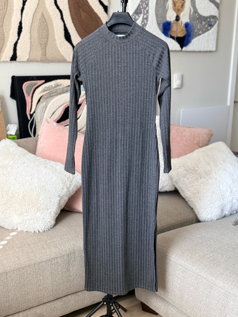 Charcoal Ribbed Long Sleeve Maxi Dress